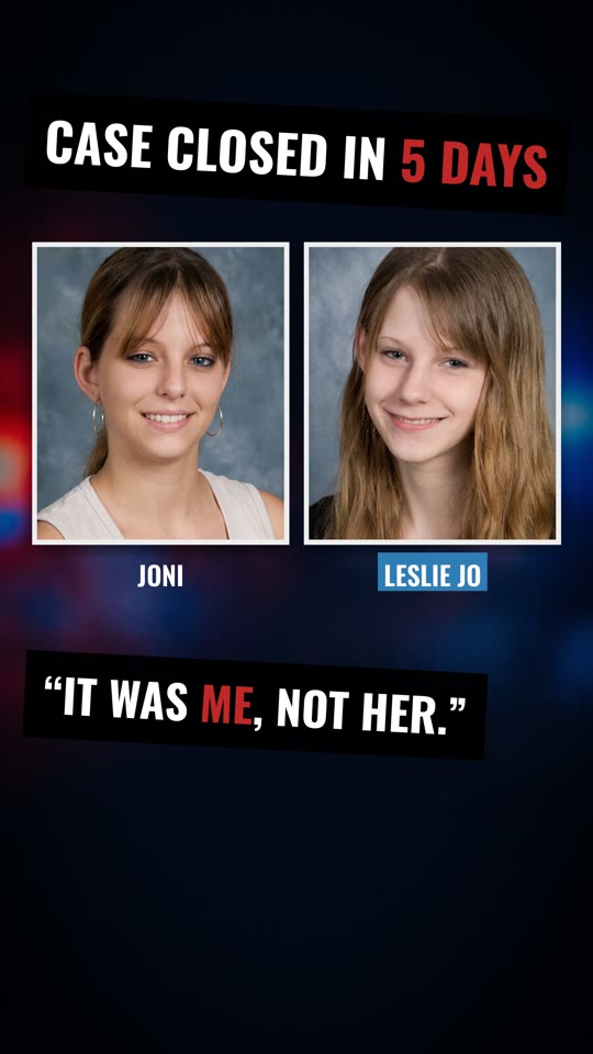 School portraits of the twins Joni and Leslie Jo side by side, under the words “Case closed in 5 days”.