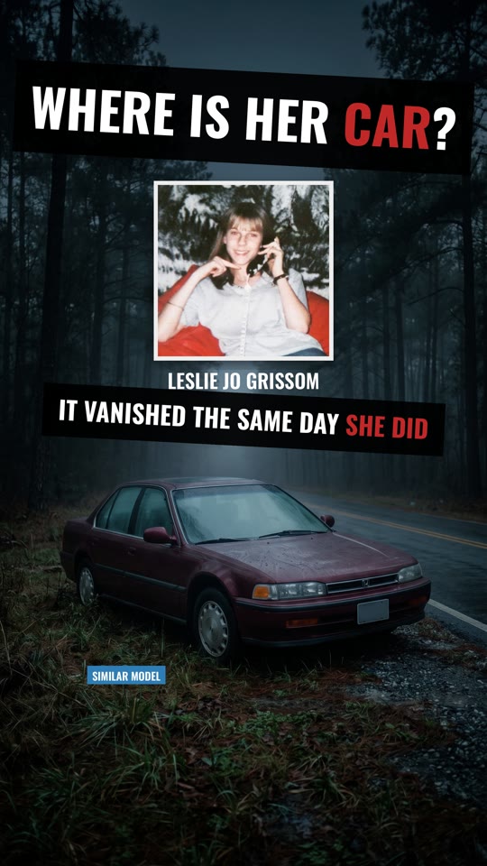 A burgundy 1990s Honda sedan on a foggy roadside (a similar model), under the words “Where is her car?”.